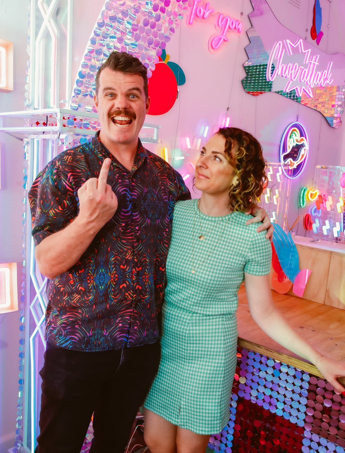 Scott and Natalie Jarvis, founders of No Agency, in the Electric Confetti neon studio