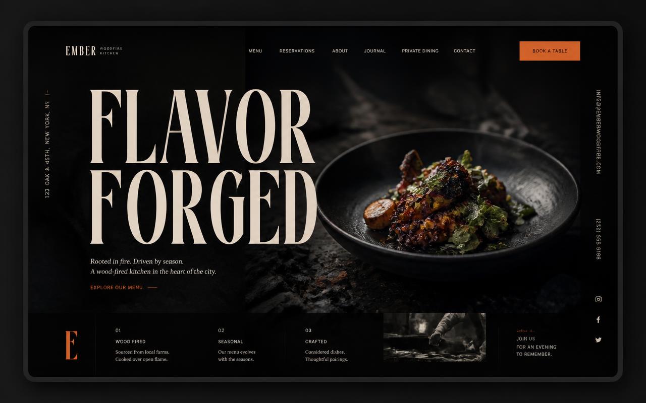 Website concept design for Ember Woodfire Kitchen, a hospitality business