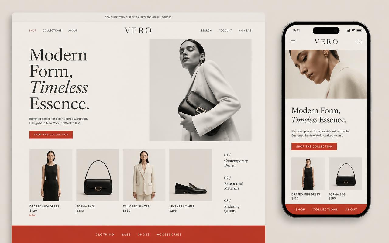 Website concept design for Vero Studio, a retail & e-commerce business